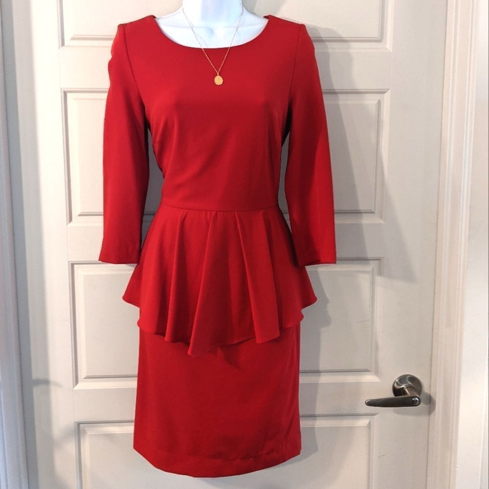 Belle Badgley Mischka Red Ruffed Pencil Dress with Quarter Length Sleeve